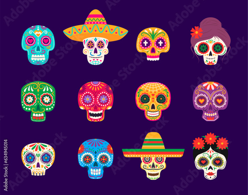 Day of dead mexican calavera skulls. Dia de los muertos holiday sugar skulls. Vector set of traditional calaca skeleton heads for holiday celebration. Mexico Halloween mariachi and catrina craniums