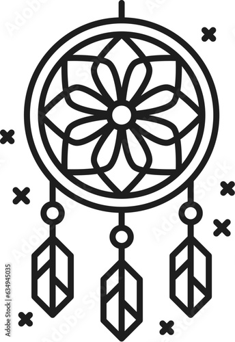 Dreamcatcher. Witchcraft and magic icon. Mystery, esoteric, astrology symbol. Sorcery item, tarot or esoteric line pictogram or magic object thin line vector sign with dreamcatcher