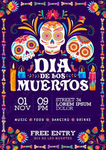 Dia de los muertos party flyer. Day of the dead mexican holiday. Vector invitation card with calavera sugar skulls, alebrije tropical flowers, bones, burning candles. Event celebration invite poster