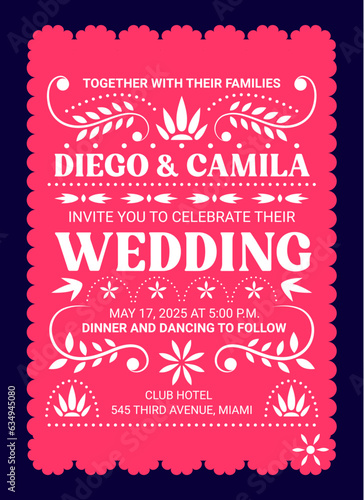 Wedding invitation in mexican paper cut papel picado flag style. Vector invite card template adorned with traditional floral patterns, capturing the festive spirit of Mexico, joy, love and celebration