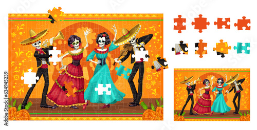 Dia de los muertos Mexican holiday characters. Jigsaw puzzle game pieces. Vector educational game worksheet with cartoon skeletons of Catrina dancers and mariachi musicians perform party event