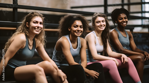 Diverse group of confident young woman sit on the floor of the gym smiling while resting
