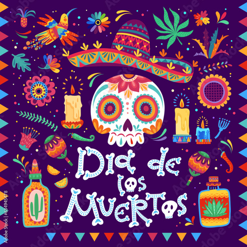 Dia de los muertos mexican holiday banner. Day of the dead poster with calavera sugar skull, tequila drink, candle and tropical flowers. Vector greeting card with calaca head wear traditional sombrero