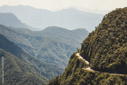 The famous Yungas Road as know as Death road in the mountains of La Paz, Bolivia photo
