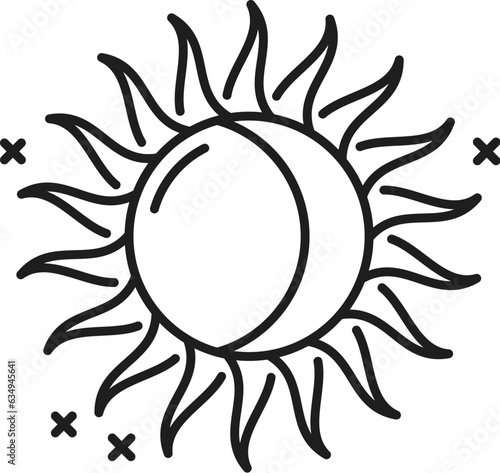 Moon eclipse icon, witchcraft or esoteric astrology and mystery vector symbol. Sun and moon line icon of witchcraft occultism, spiritual spell and esoteric astrology amulet of witch and sorcerer