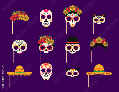 Mexican day of dead photo booth masks with props. Dia de los muertos holiday party masks. Vector calavera sugar skulls, sombrero hat, flower wreaths and cat head with intricate and vibrant details