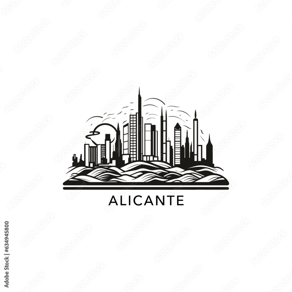 Spain Alicante cityscape skyline city panorama vector flat modern logo icon. Valencian Community emblem idea with landmarks and building silhouettes, isolated black and white, thin line
