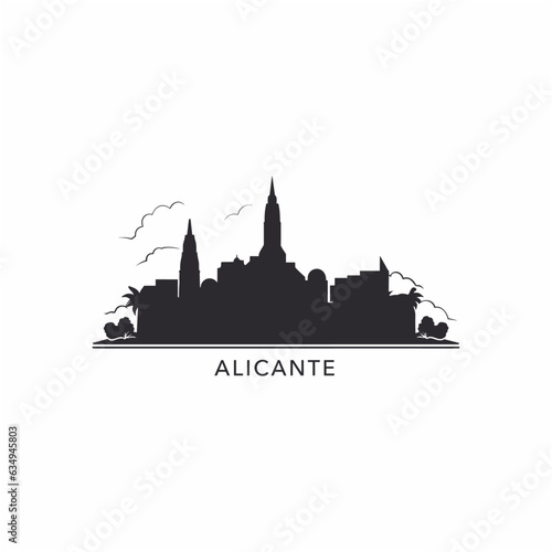Spain Alicante cityscape skyline city panorama vector flat modern logo icon. Valencian Community emblem idea with landmarks and building silhouettes, isolated black and white