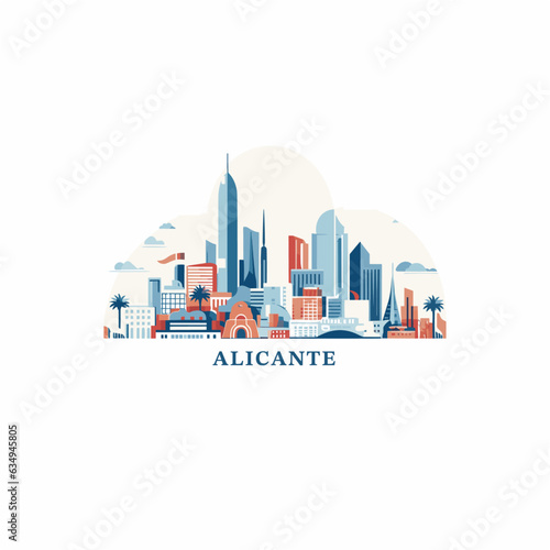 Spain Alicante cityscape skyline city panorama vector flat modern logo icon. Valencian Community emblem idea with landmarks and building silhouettes, isolated hand drawn style 