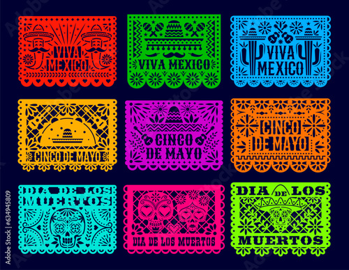 Papel picado mexican dia de los muertos holiday flags, day of the dead paper cut banners. Isolated vector laser cutting templates, traditional Mexico decoration with floral pattern, skulls, peppers