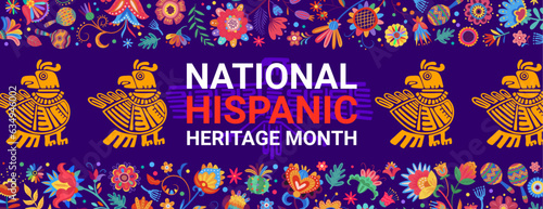 Mayan aztec totems and national hispanic heritage month festival banner, adorned with golden eagles and alebrije style floral pattern representing the rich cultural heritage of ancient civilizations