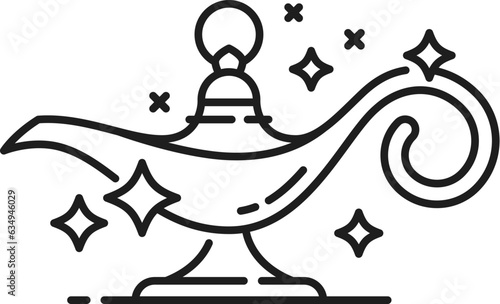 Magic lamp. Witchcraft and magic icon. Mystery, esoteric, astrology symbol. Sorcery or magic item linear vector pictogram, witchcraft object, jinn lamp outline icon or outline sign