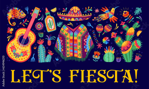 Mexican fiesta party banner with poncho, sombrero, tequila, cactuses and mariachi guitar. Vector Mexico holiday background with hummingbird, tropical flowers and chameleon, in ethnic alebrije style