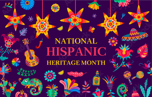 National hispanic heritage month festival banner with pinatas and tropical flowers  guitar  chameleon and tequila with sombrero and maracas  celebrates rich cultural diversity of hispanic communities