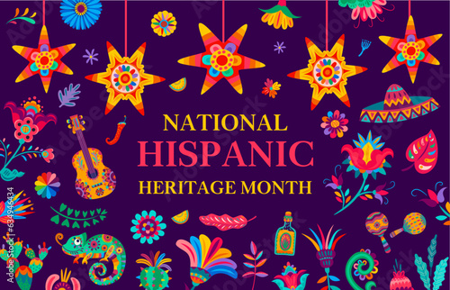 National hispanic heritage month festival banner with pinatas and tropical flowers, guitar, chameleon and tequila with sombrero and maracas, celebrates rich cultural diversity of hispanic communities