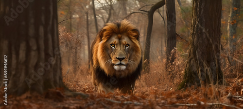 Lion Portrait Surrounded by Leaves