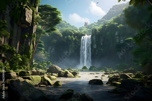 Waterfall in rainforest, beautiful landscape, nature background. Fantastic scene