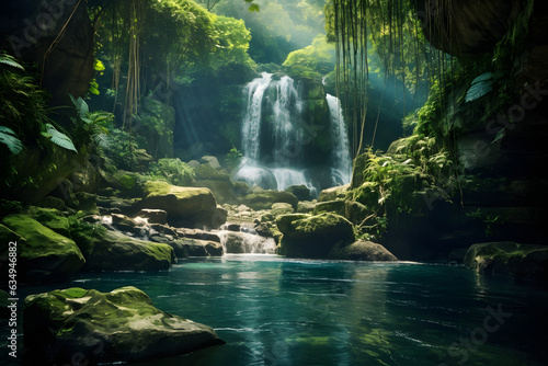 Waterfall in rainforest, beautiful landscape, nature background. Fantastic scene