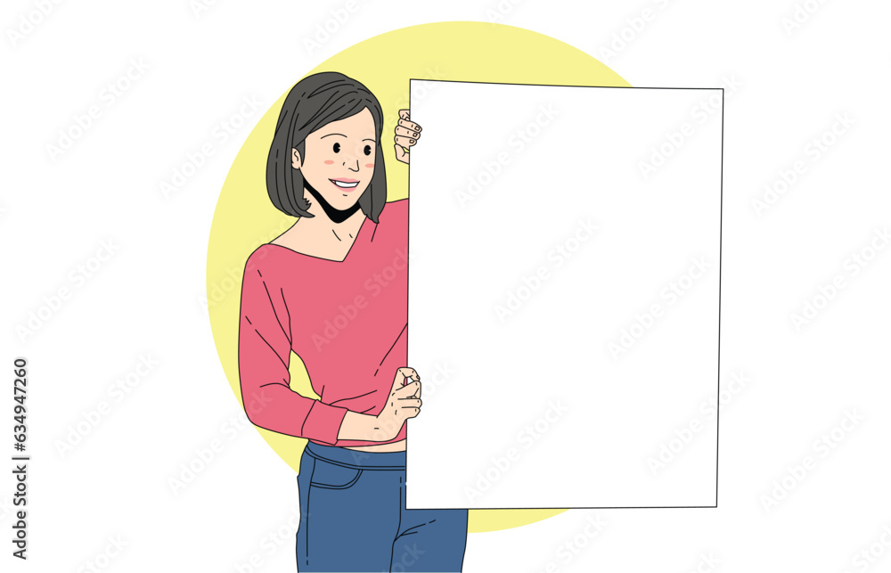 concept illustration. illustration of cute smiling asian woman holding white board in front of camera concept illustration. illustration of cute smiling asian woman holding white board in front of camera