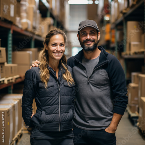 Portrait of smiling warehouse staff standing in warehouse. This is a freight transportation and distribution warehouse. Industrial and industrial workers concept.Generative AI