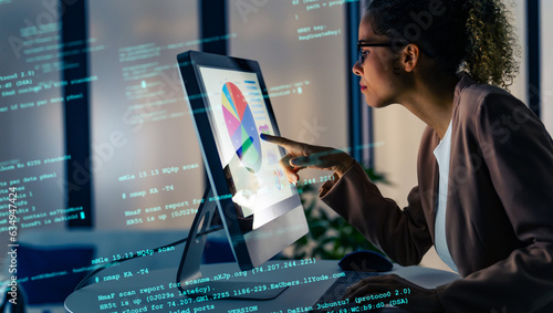 Fotografie Black woman working in office and digital data concept
