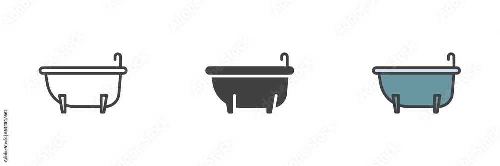 Bathtub with water tap different style icon set Bathtub with water tap different style icon set