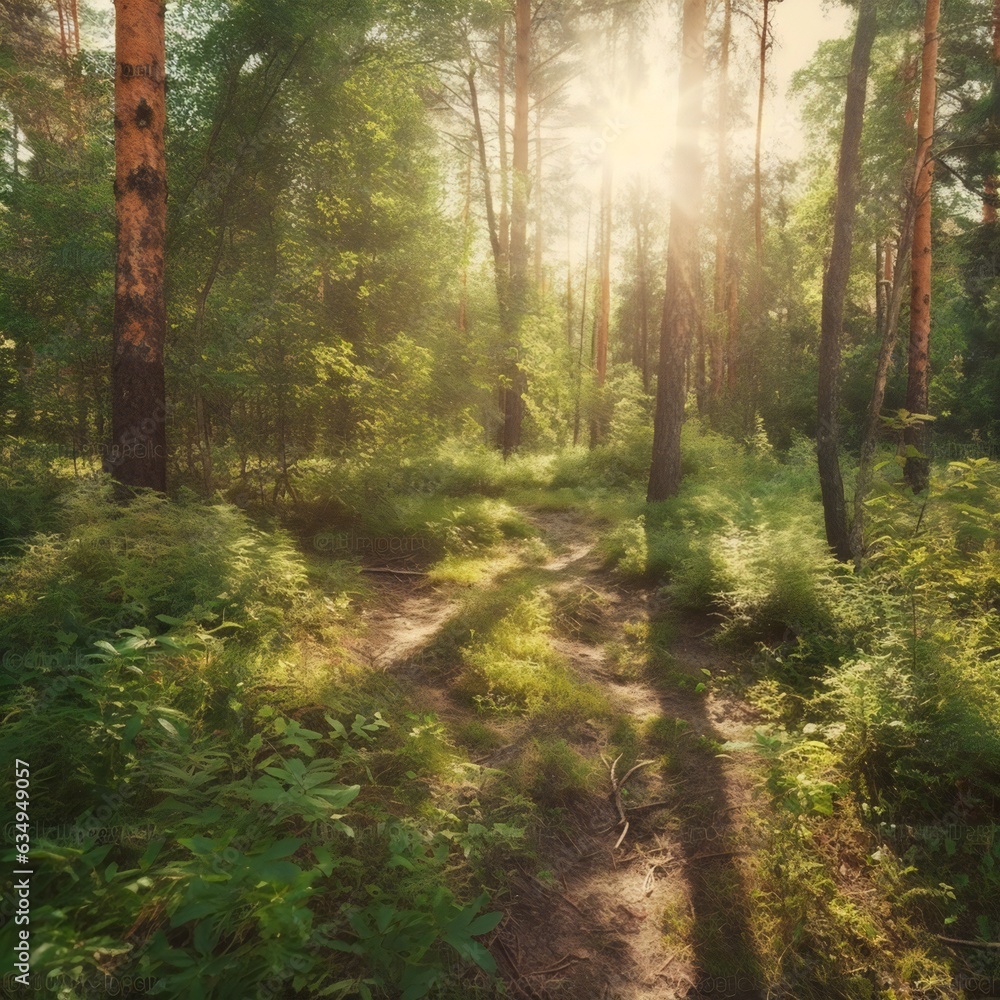 Fototapeta premium Scenic forest of fresh green deciduous trees framed by leaves, with the sun casting its warm rays through the foliage. Generative ai