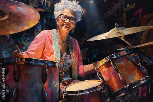 An illustration painting of a caucasian senoir old woman playing drums happily in a night club, senior drummer