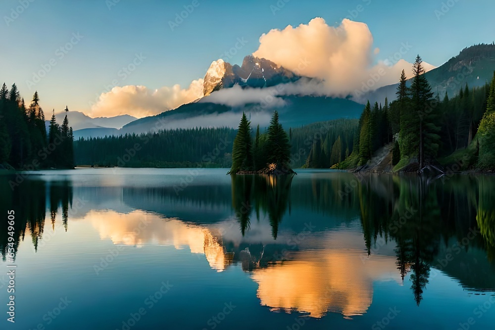 A cloudiness secured mountain lake with evergreen trees reflected on its sparkly surface. Creative resource, AI Generated