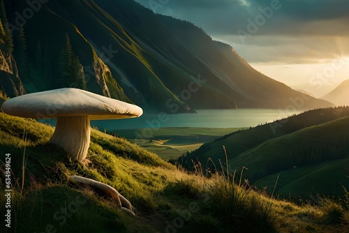 A unordinary world filled with monster mushrooms, making a tall story like scene. Creative resource, AI Generated photo