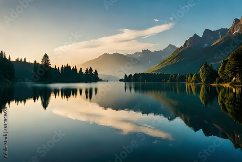 Show a calm lake or lake reflecting the heavenliness of the passing year and the freshness of the appear day one. Creative resource  AI Generated