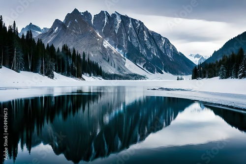 A calm lake reflecting the brilliant mountain crests that cement it. Creative resource, AI Generated