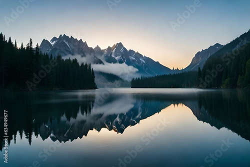 A cloudiness secured mountain lake with evergreen trees reflected on its sparkly surface. Creative resource, AI Generated © DEER FLUFFY