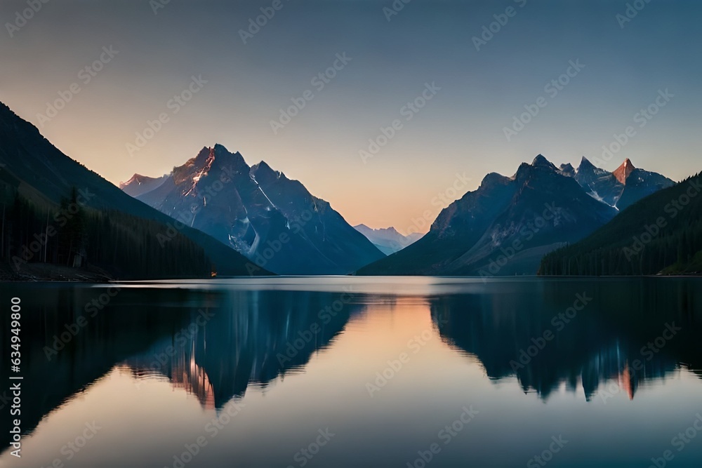 A calm lake reflecting the brilliant mountain crests that cement it. Creative resource, AI Generated
