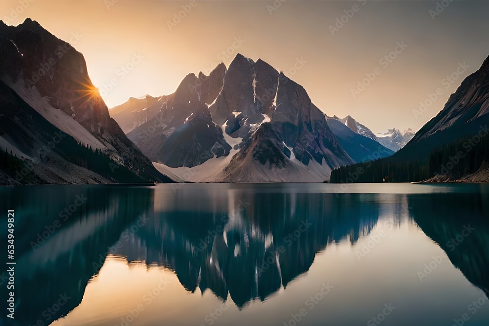 A calm lake reflecting the brilliant mountain crests that cement it. Creative resource, AI Generated