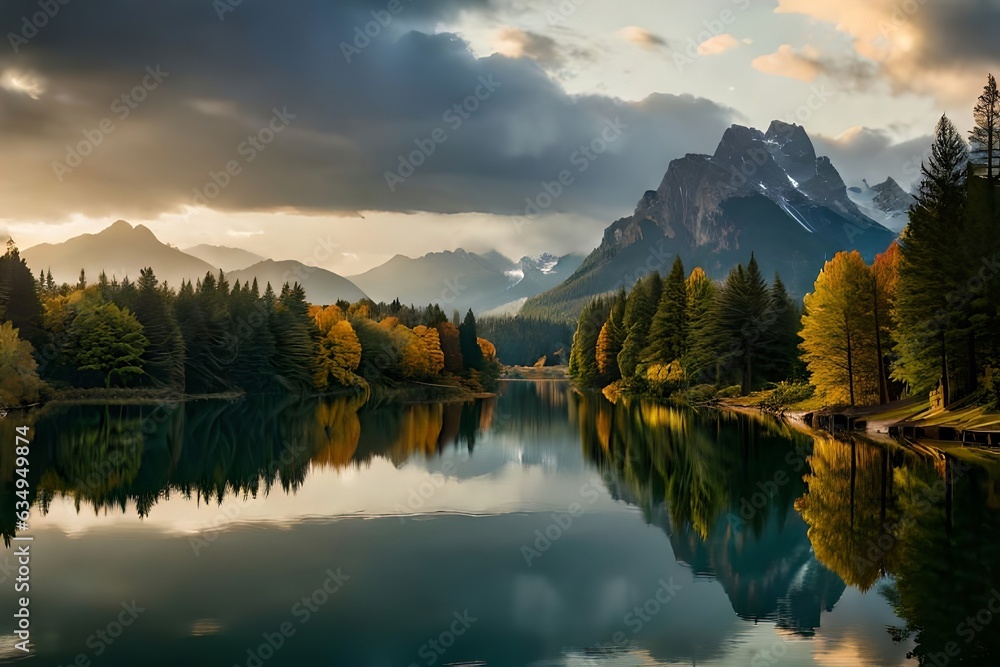 Show a calm lake or lake reflecting the heavenliness of the passing year and the freshness of the appear day one. Creative resource, AI Generated Show a calm lake or lake reflecting the heavenliness of the passing year and the freshness of the appear day one. Creative resource, AI Generated
