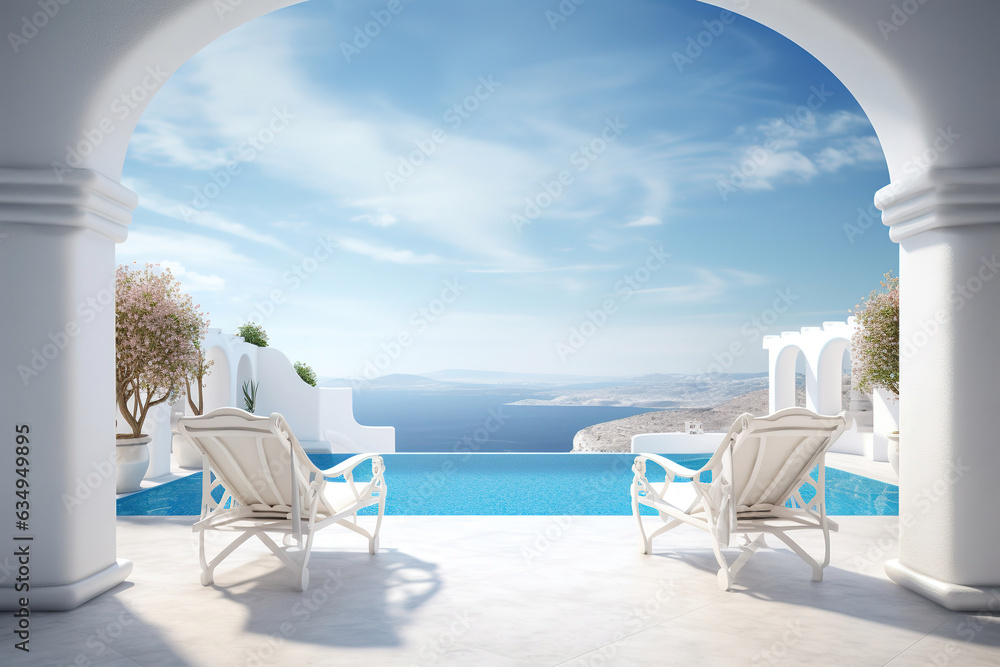 Two deck chairs on the terrace with pool and stunning sea views. Traditional Mediterranean white architecture