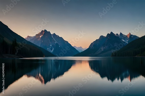A calm lake reflecting the brilliant mountain crests that cement it. Creative resource, AI Generated © DEER FLUFFY