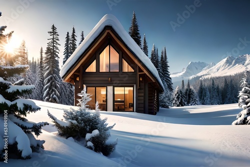 Coordinate a charming cabin settled in a cold forest, included by towering evergreens. Creative resource, AI Generated