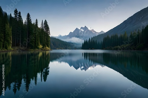 A cloudiness secured mountain lake with evergreen trees reflected on its sparkly surface. Creative resource  AI Generated