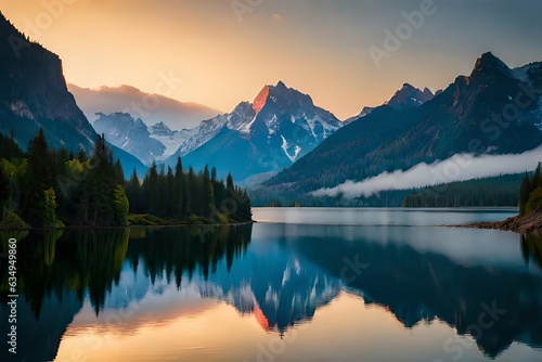 A calm lake reflecting the brilliant mountain peaks that cement it. Creative resource, AI Generated © DEER FLUFFY
