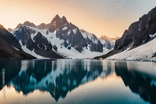 A idealize snow capped lake settled insides parts the center of towering ice sheets and snow capped peaks. Creative resource  AI Generated