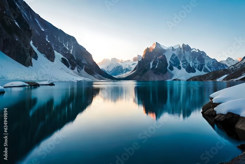 A idealize snow capped lake settled inside parts the center of towering ice sheets and snow capped crests. Creative resource, AI Generated © DEER FLUFFY