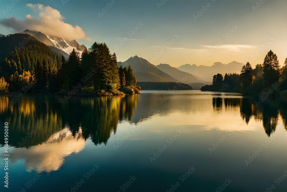 Fototapeta premium Appear a calm lake or lake reflecting the heavenliness of the passing year and the freshness of the show day one. Creative resource, AI Generated