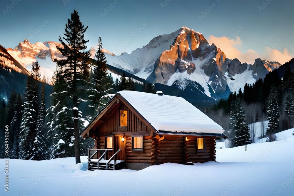 A cozy mountain cabin settled within the middle of covered peaks and evergreen trees. Creative resource, AI Generated