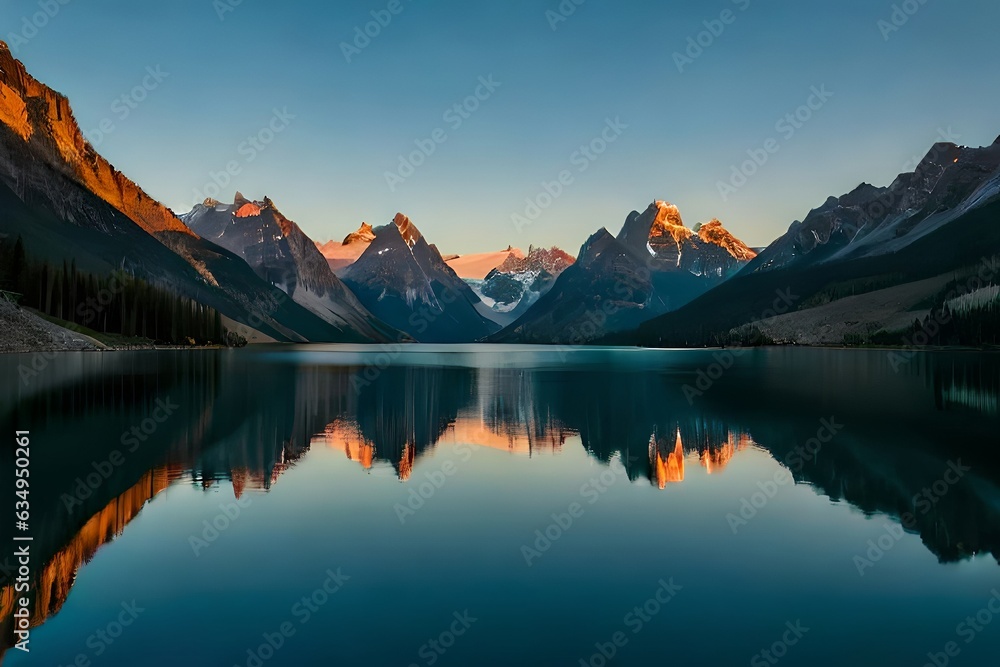 A calm lake reflecting the radiant mountain crests that solidify it. Creative resource, AI Generated