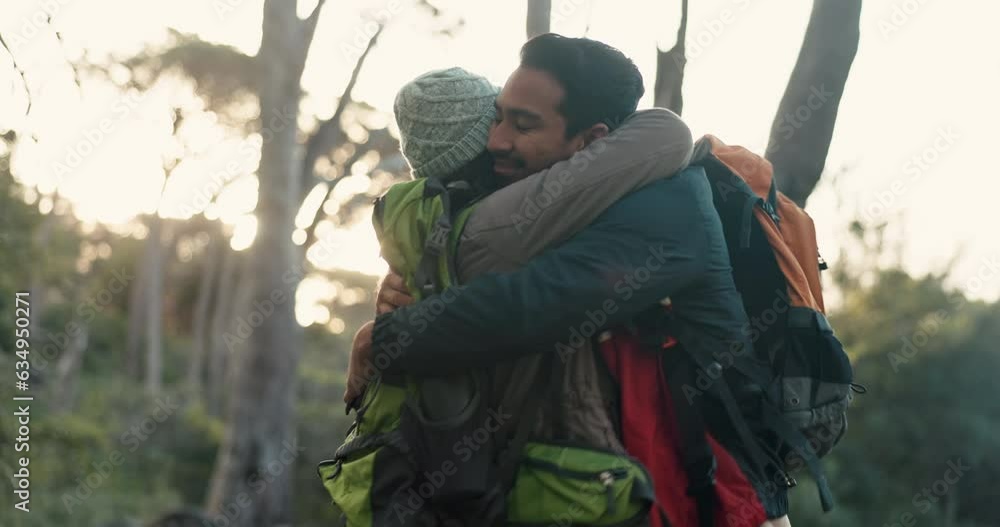 Hiking, high five and couple hug in in a forest for fitness, travel and ...