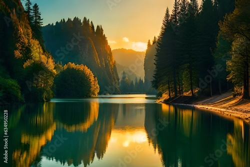 Exhibit a peaceful lake or lake reflecting the magnificence of the passing year and the freshness of the modern one. Creative resource, AI Generated