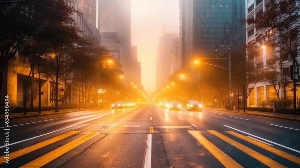 A dramatic foggy or misty road with colorful light from traffic cars through city in the morning sunrise.	
