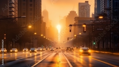 A dramatic foggy or misty road with colorful light from traffic cars through city in the morning sunrise.  © ANEK